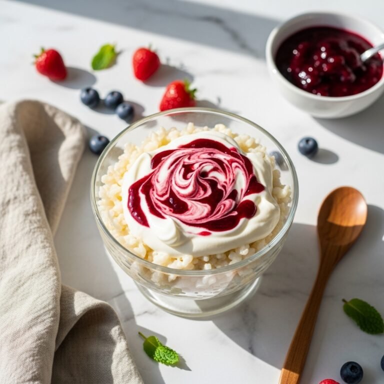 Dreamy Scandinavian Rice Cream With Soft Vanilla Clouds and Berry Sauce