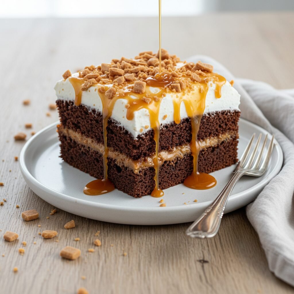 Decadent Chocolate Caramel Toffee Poke Cake