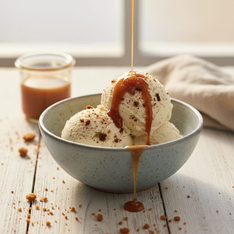 Creamy Toasted Brown Bread Ice Cream with Caramel Swirls