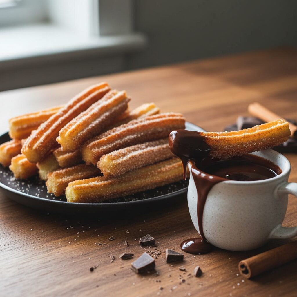 Golden Crispy Churros with Velvety Hot Chocolate Dip